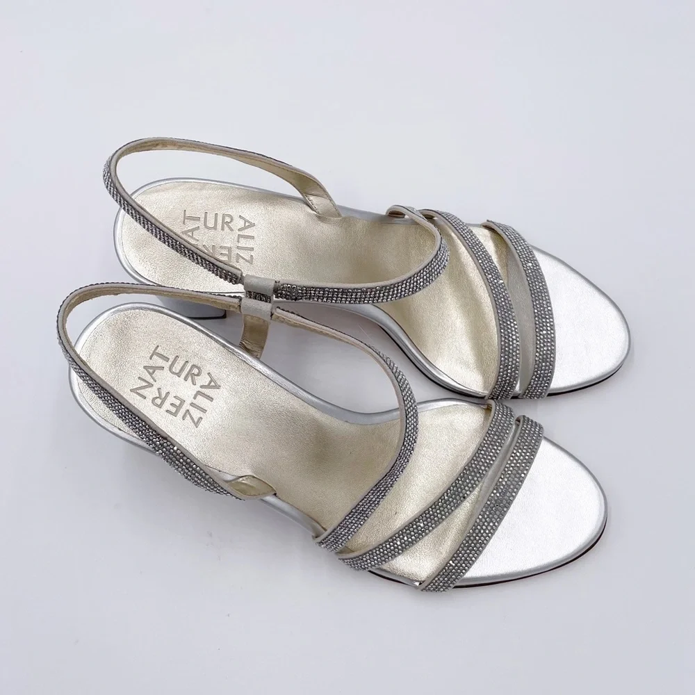 Naturalizer Silver Crystal-Strap Slingback Block Heels